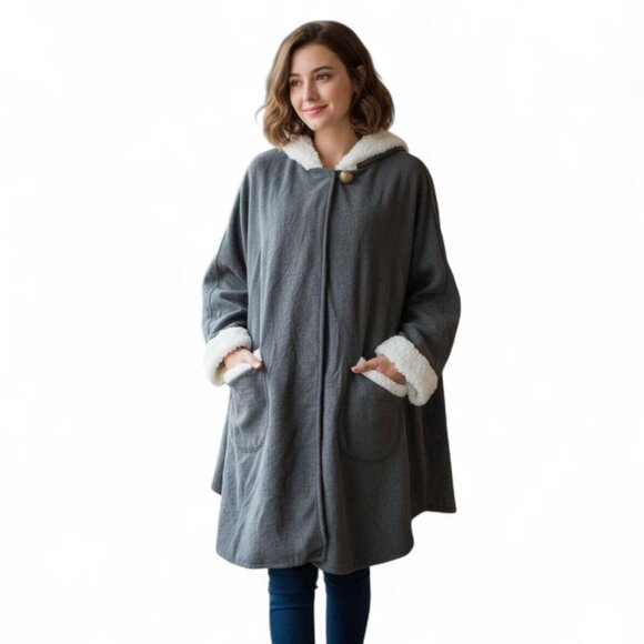 LE MODA Women's Warm Winter Hooded Cape Coat Grey White ONE SIZE Cozy Faux Fur - Picture 1 of 5